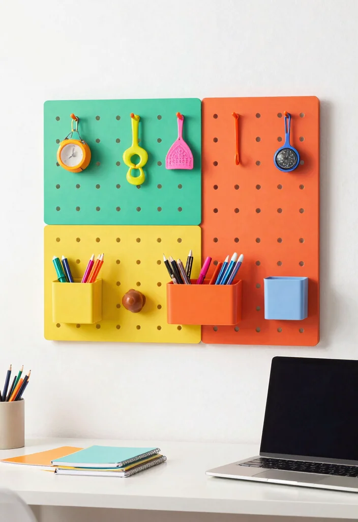 14 Pegboard Desk Setup Ideas That Stay Organized 23 14 Pegboard Desk Setup Ideas That Stay Organized - 3. Colorful and Fun 1
