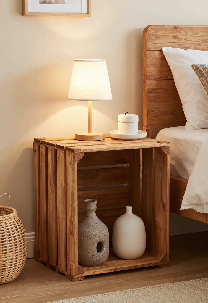 14 Wall Nightstand Ideas That Save Space Stylishly - 10. Repurposed Wooden Crate Nightstand 1