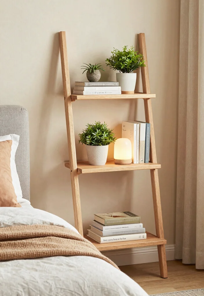 14 Wall Nightstand Ideas That Save Space Stylishly - 7. Ladder-Style Wall Nightstand 1