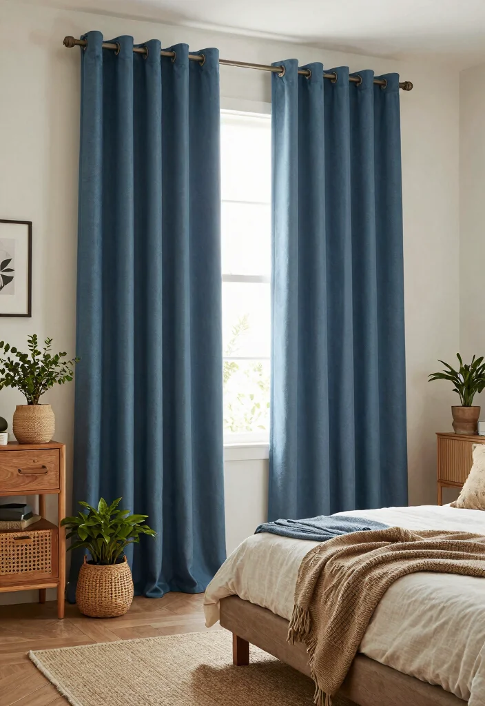 15 Blue Curtains Bedroom Ideas With Calm Cozy Vibes 54 15 Blue Curtains Bedroom Ideas With Calm Cozy Vibes - 14. Earthy Blue Tones for a Bohemian Fusion 1