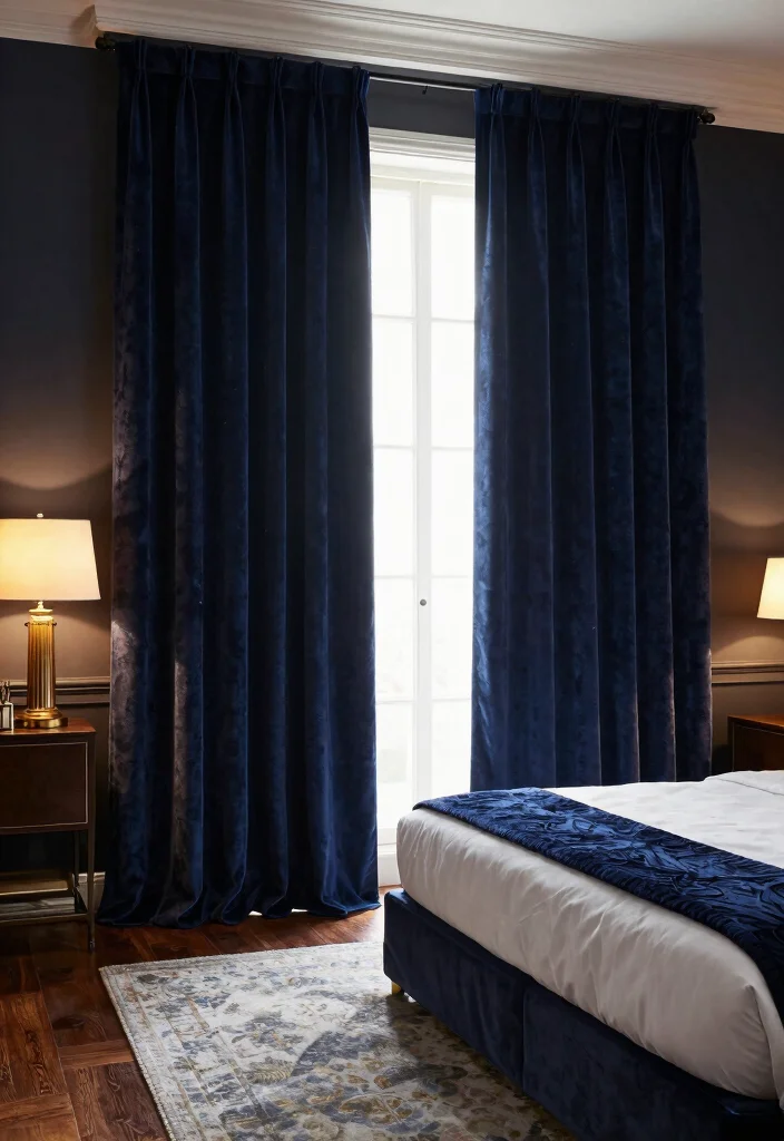 15 Blue Curtains Bedroom Ideas With Calm Cozy Vibes 12 15 Blue Curtains Bedroom Ideas With Calm Cozy Vibes - 2. Deep Navy Velvet Curtains for Richness 1