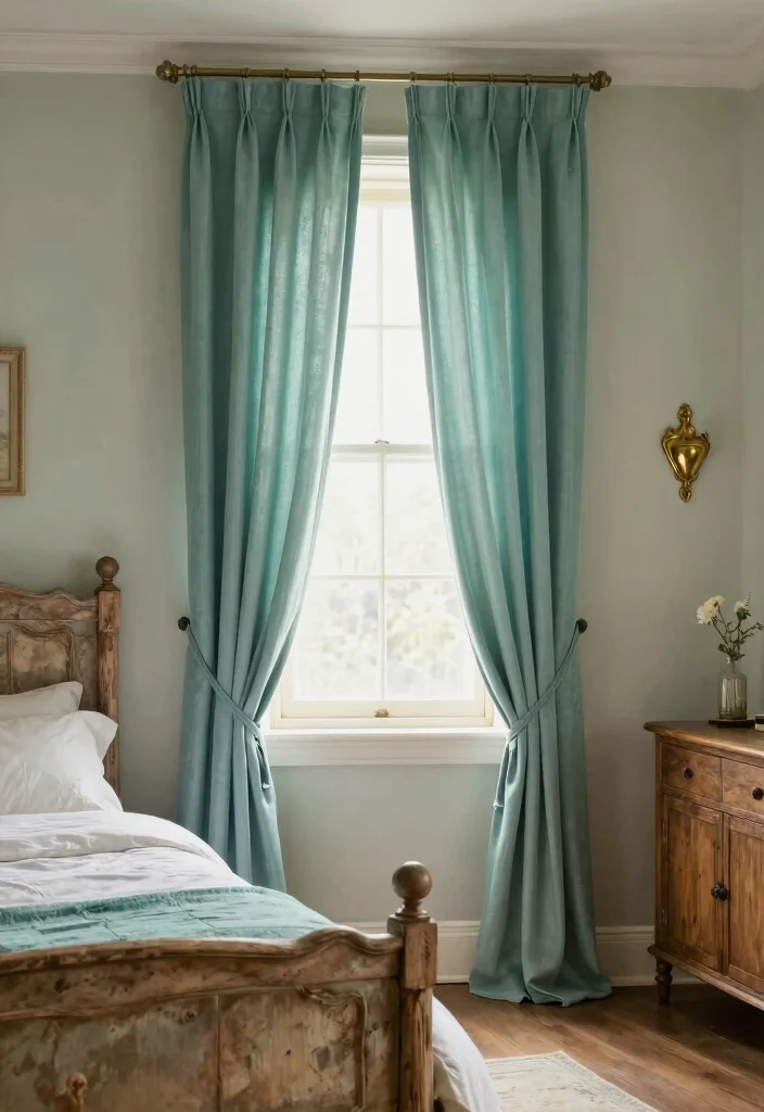15 Blue Curtains Bedroom Ideas With Calm Cozy Vibes 14 15 Blue Curtains Bedroom Ideas With Calm Cozy Vibes - 4. Soft Teal Drapes for a Vintage Feel 1
