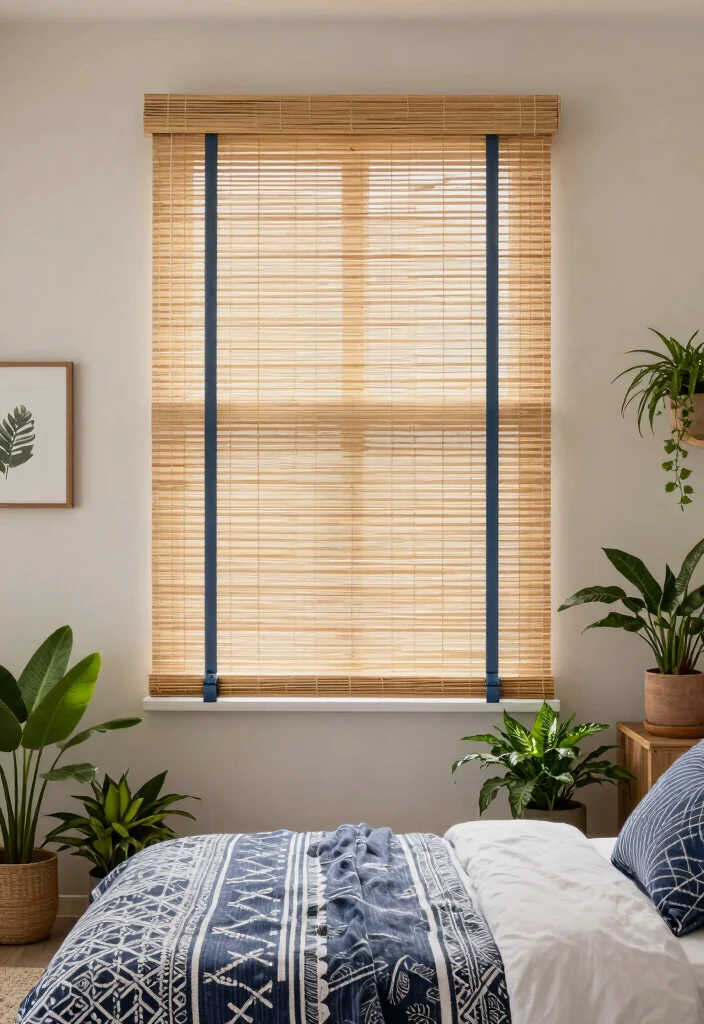 15 Blue Curtains Bedroom Ideas With Calm Cozy Vibes 25 15 Blue Curtains Bedroom Ideas With Calm Cozy Vibes - 5. Eco-Friendly Bamboo Blinds with Blue Accents 1