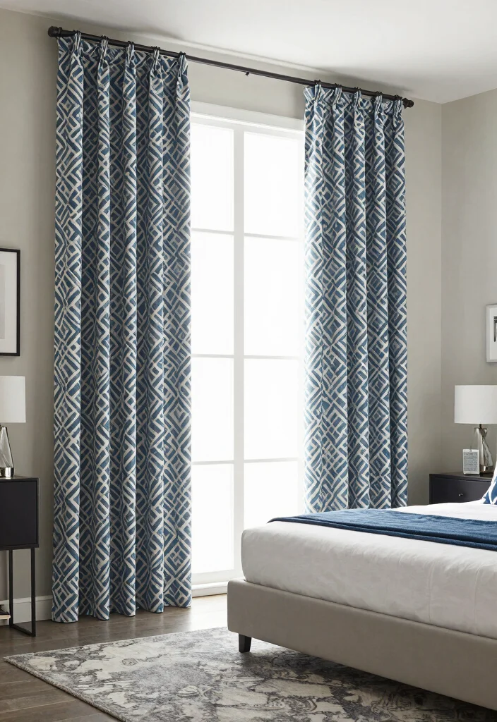 15 Blue Curtains Bedroom Ideas With Calm Cozy Vibes 39 15 Blue Curtains Bedroom Ideas With Calm Cozy Vibes - 9. Blue and White Geometric Patterns for Modern Appeal 1