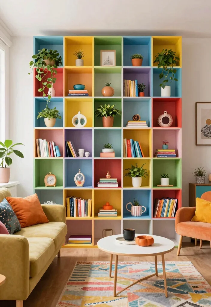 15 Bookshelf Room Divider Ideas That Define Your Space - 10. Colorful Cube Shelving 1