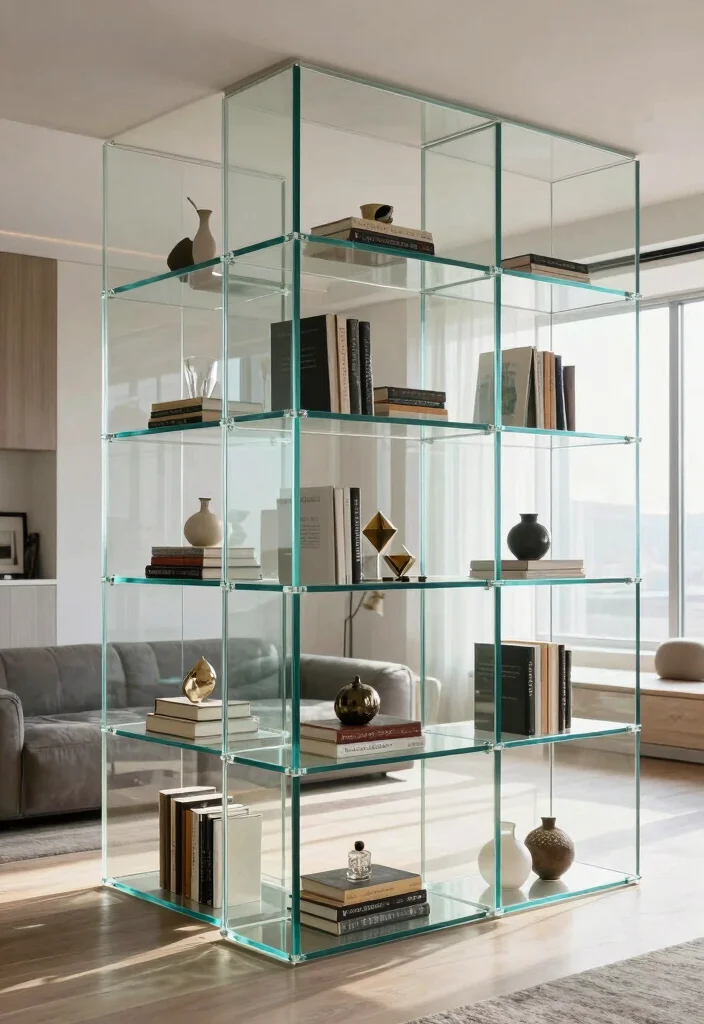 15 Bookshelf Room Divider Ideas That Define Your Space - 12. Glass Cube Divider 1