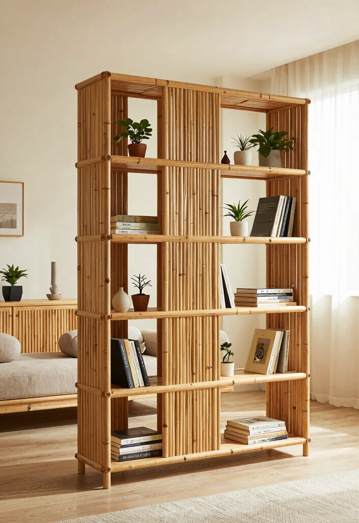 15 Bookshelf Room Divider Ideas That Define Your Space - 14. Eco-friendly Bamboo Bookshelf 1
