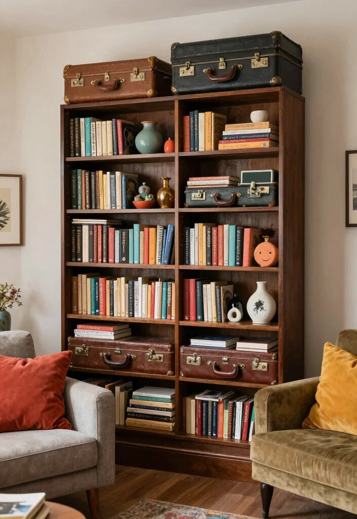 15 Bookshelf Room Divider Ideas That Define Your Space - 6. Vintage Suitcase Bookshelf 1