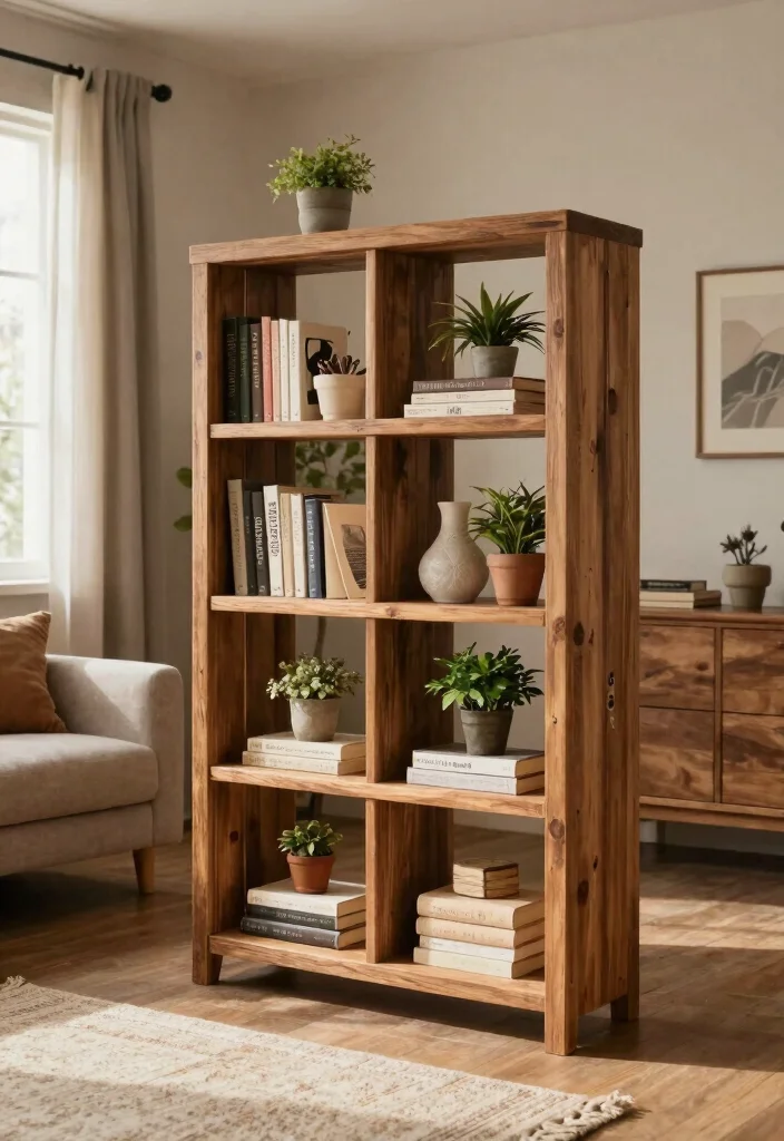 15 Bookshelf Room Divider Ideas That Define Your Space - 9. Rustic Wooden Bookshelf 1