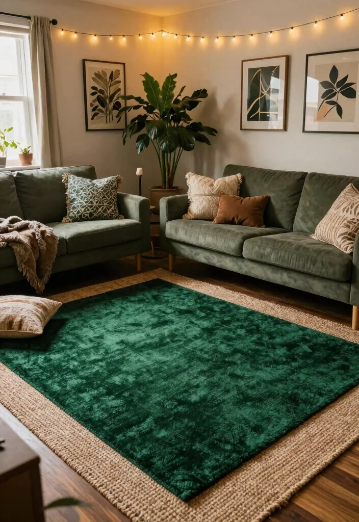 15 Dark Green Rug Living Room Ideas With Moody Charm - 1. Layering Textures for Depth 1