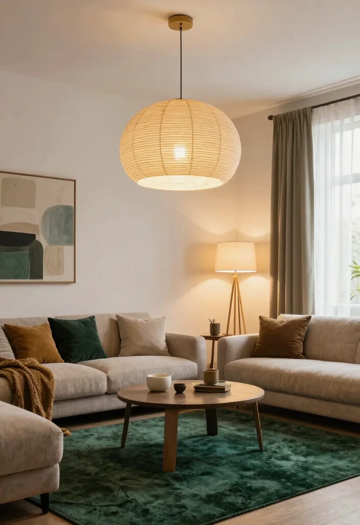 15 Dark Green Rug Living Room Ideas With Moody Charm - 10. Statement Lighting Fixtures 1