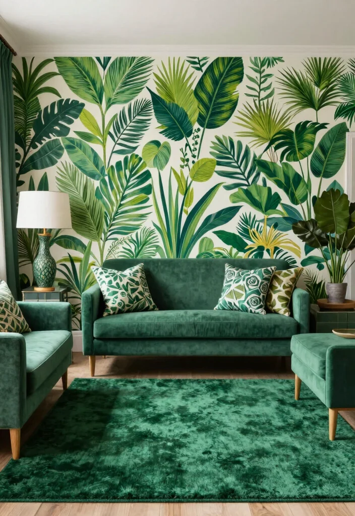 15 Dark Green Rug Living Room Ideas With Moody Charm - 11. Playful Wall Treatments 1
