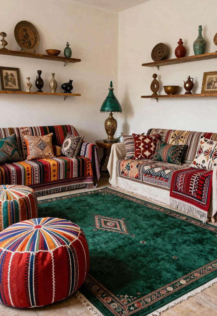 15 Dark Green Rug Living Room Ideas With Moody Charm - 12. Global Accents 1