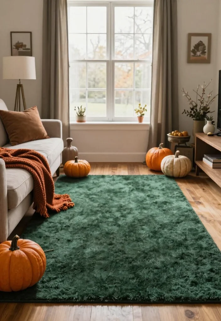 15 Dark Green Rug Living Room Ideas With Moody Charm - 14. Seasonal Decor Updates 1