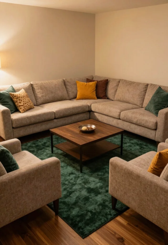 15 Dark Green Rug Living Room Ideas With Moody Charm - 15. Inviting Seating Arrangements 1