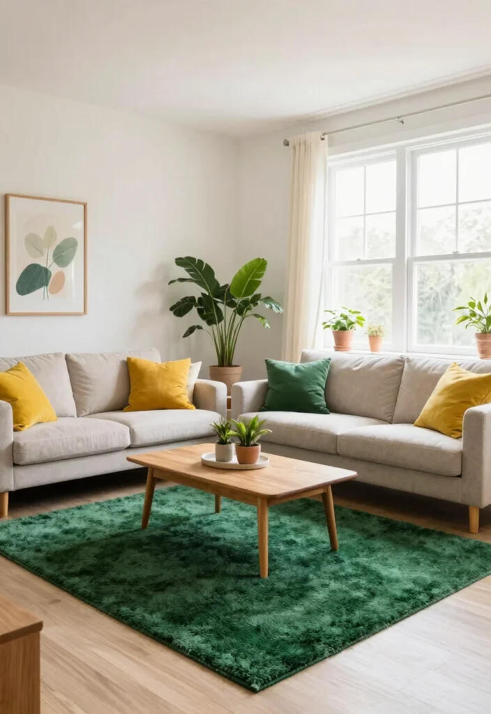 15 Dark Green Rug Living Room Ideas With Moody Charm - 2. Contrasting with Light Walls 1