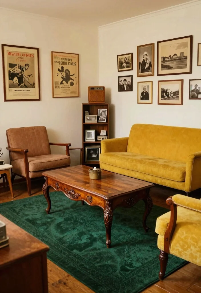 15 Dark Green Rug Living Room Ideas With Moody Charm - 3. Incorporating Vintage Finds 1