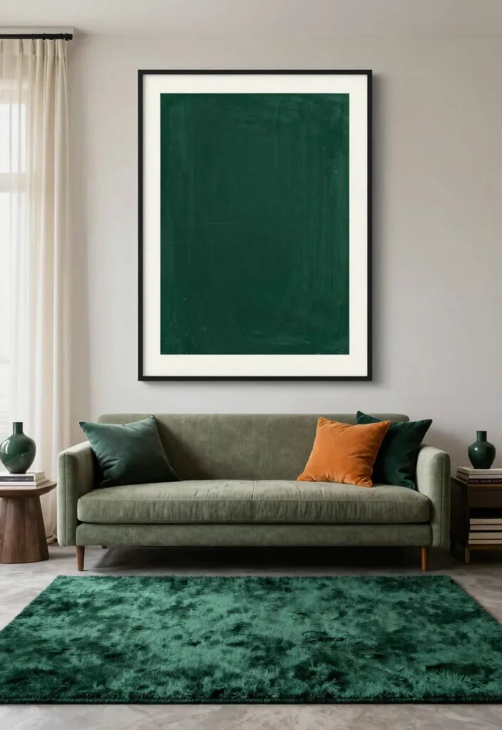15 Dark Green Rug Living Room Ideas With Moody Charm - 4. Focal Point Artwork 1