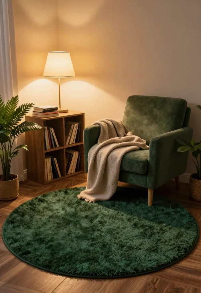 15 Dark Green Rug Living Room Ideas With Moody Charm - 5. Cozy Corner Nooks 1