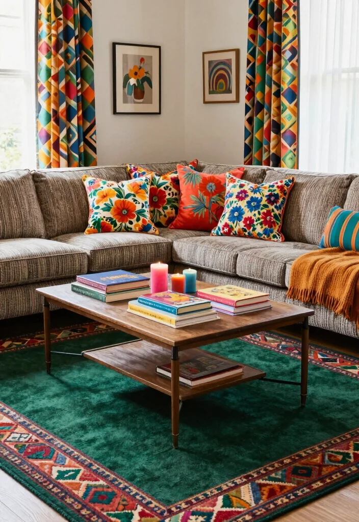 15 Dark Green Rug Living Room Ideas With Moody Charm - 6. Mixing Patterns and Colors 1
