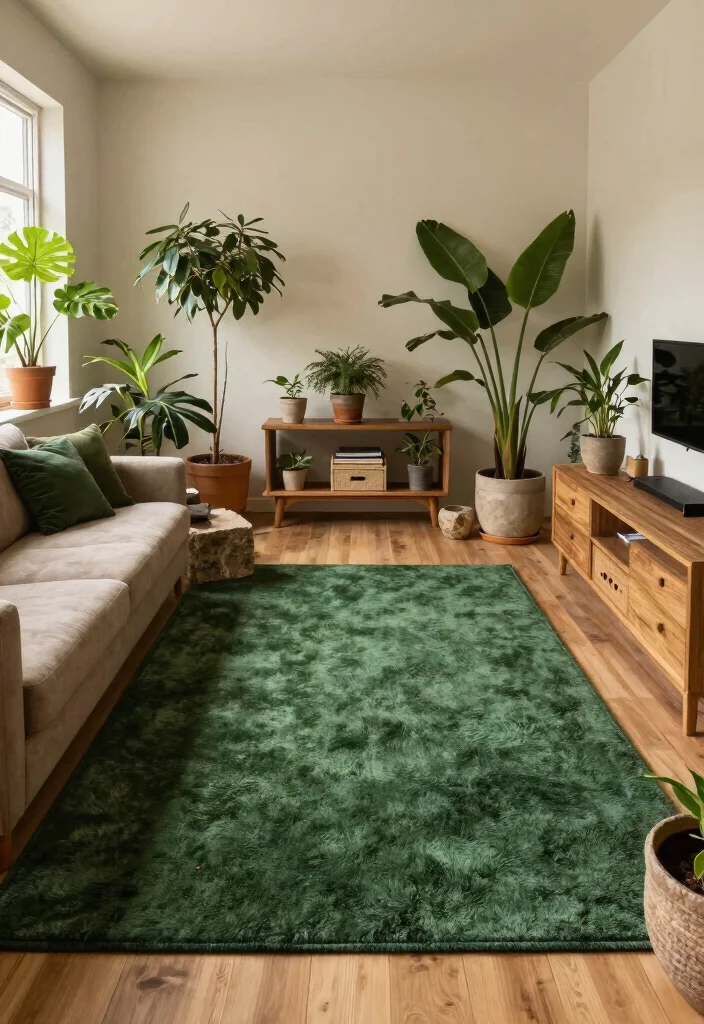 15 Dark Green Rug Living Room Ideas With Moody Charm - 7. Natural Elements and Greenery 1
