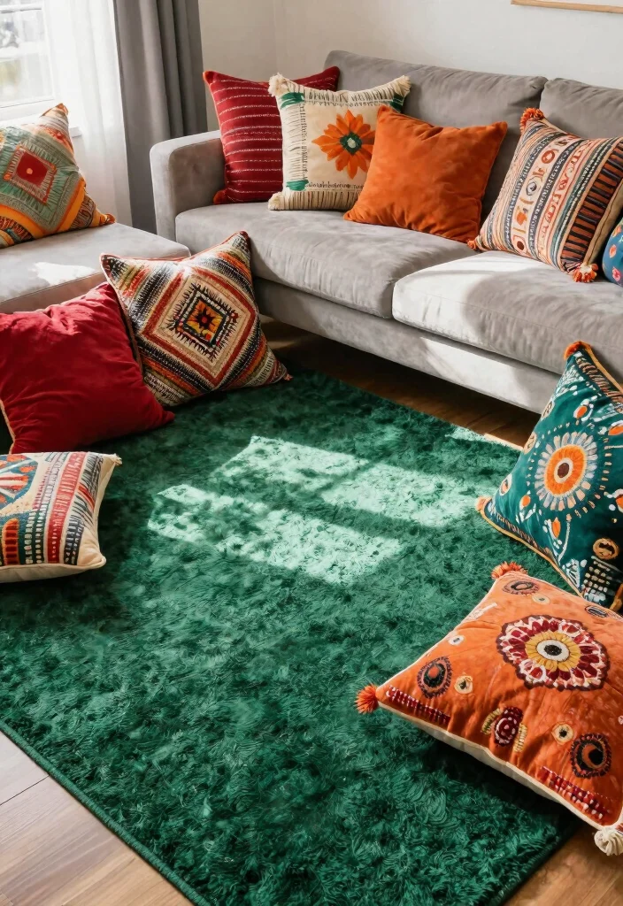 15 Dark Green Rug Living Room Ideas With Moody Charm - 9. Bohemian Throw Pillows 1