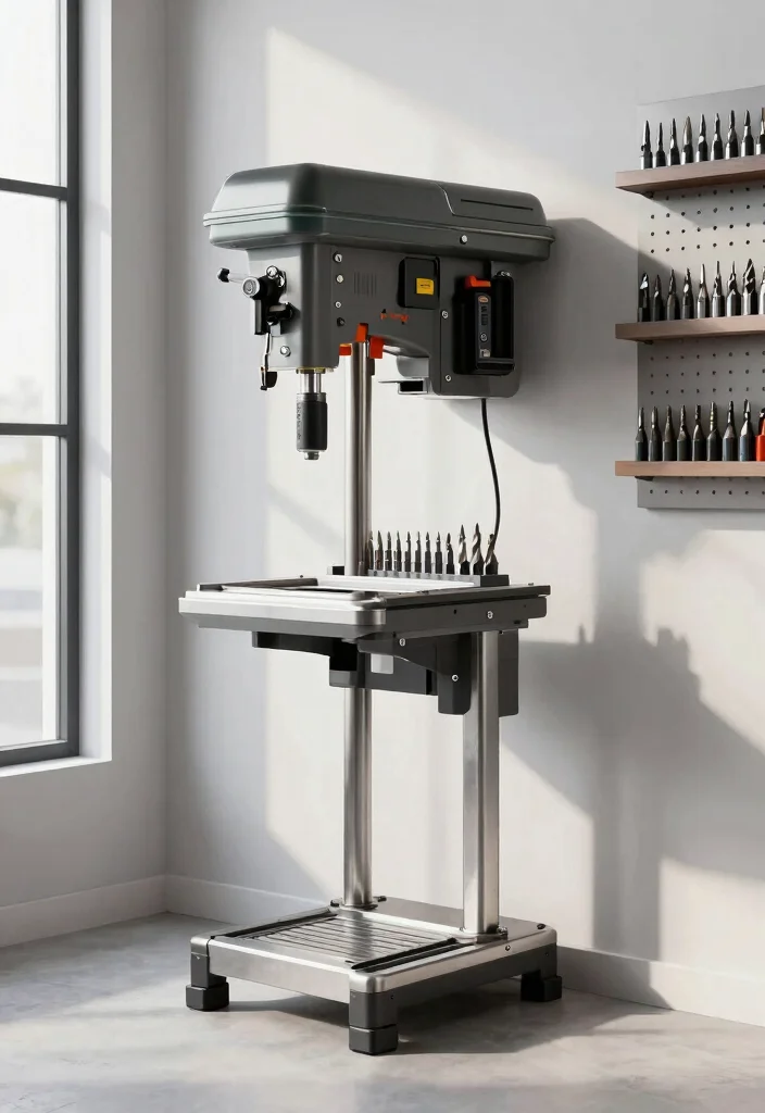 15 Drill Press Stand Ideas That Organize Your Workshop - 2. Space-Saving Wall-Mounted Drill Press Stand 1