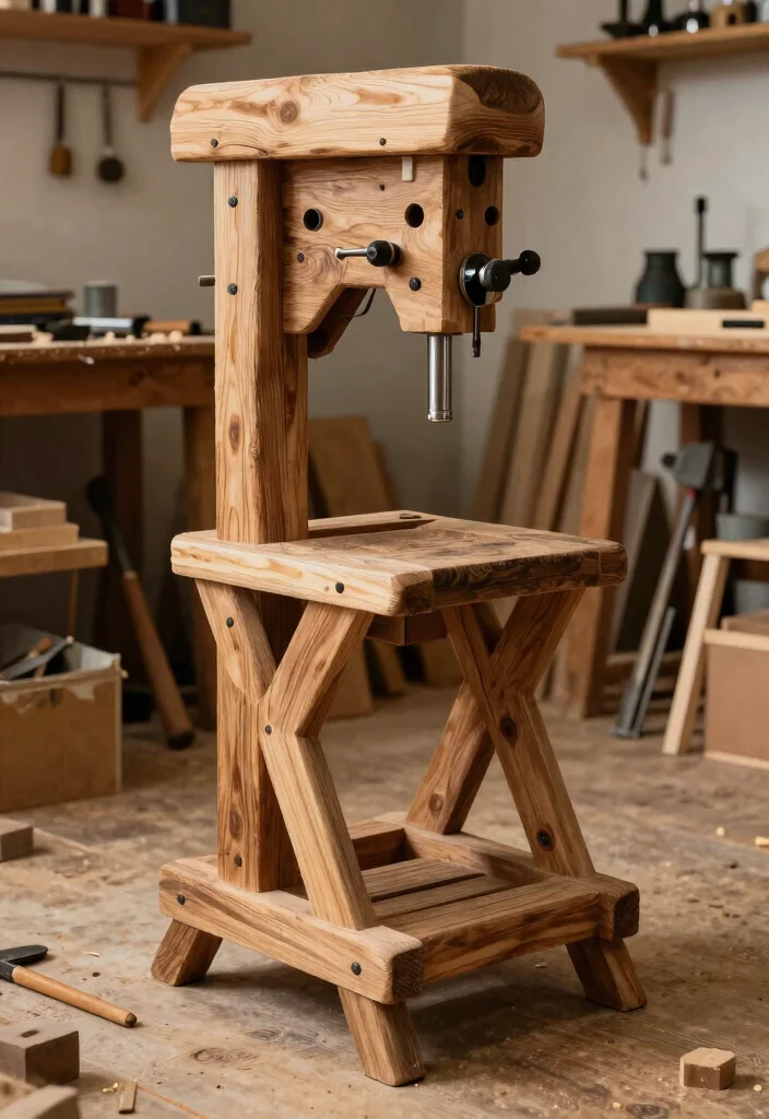 15 Drill Press Stand Ideas That Organize Your Workshop - 3. Rustic Wooden Drill Press Stand 1