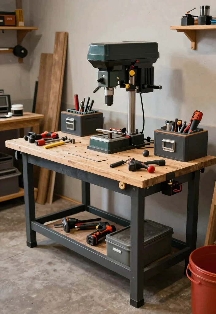15 Drill Press Stand Ideas That Organize Your Workshop - 5. Multi-Functional Drill Press Workbench 1