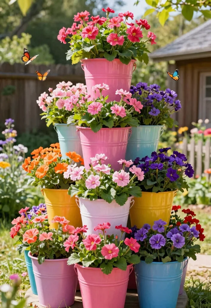 15 Five Gallon Bucket Garden Stand Ideas That Are Genius 2 15 Five Gallon Bucket Garden Stand Ideas That Are Genius - 2. Colorful Flower Tower 1