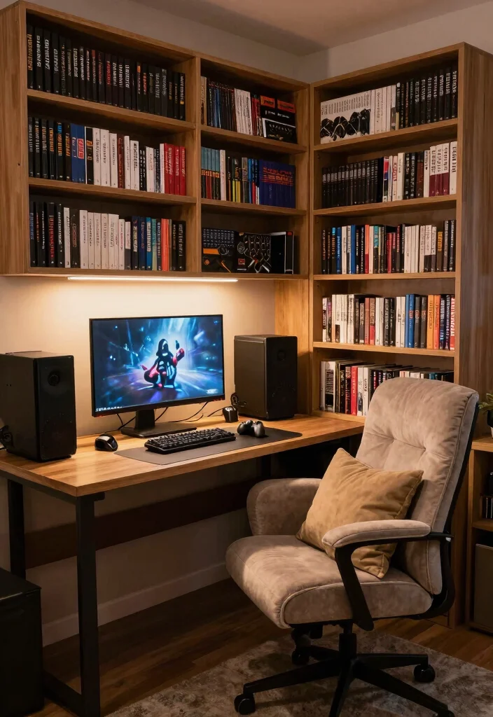 15 Gamer Desk Setup Ideas That Look Epic 53 15 Gamer Desk Setup Ideas That Look Epic - 13. Gaming Library Hybrid 1