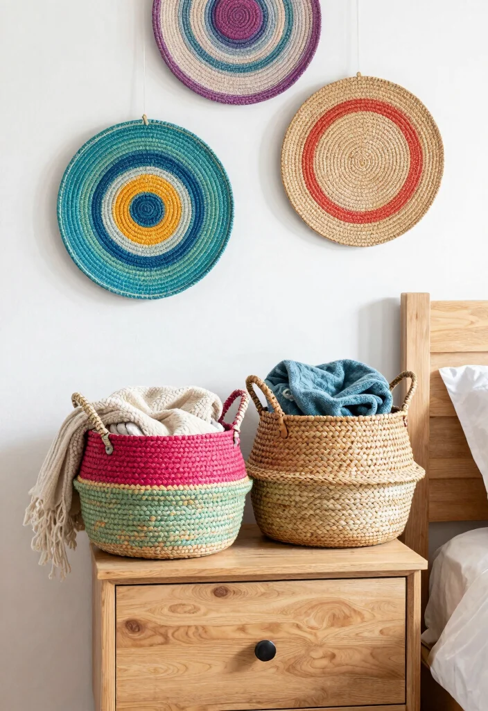 15 Nightstand Wall Decor Ideas That Add Personality 42 15 Nightstand Wall Decor Ideas That Add Personality - 12. Colorful Baskets 1