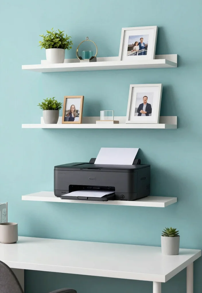 15 Printer Stand Ideas That Keep Your Office Tidy 3 15 Printer Stand Ideas That Keep Your Office Tidy - 3. Floating Shelves with Printer 1