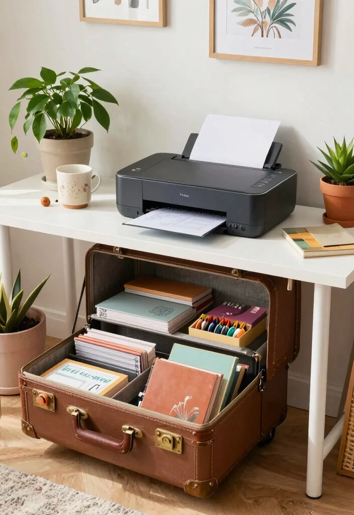 15 Printer Stand Ideas That Keep Your Office Tidy 5 15 Printer Stand Ideas That Keep Your Office Tidy - 5. Vintage Suitcase Stand 1