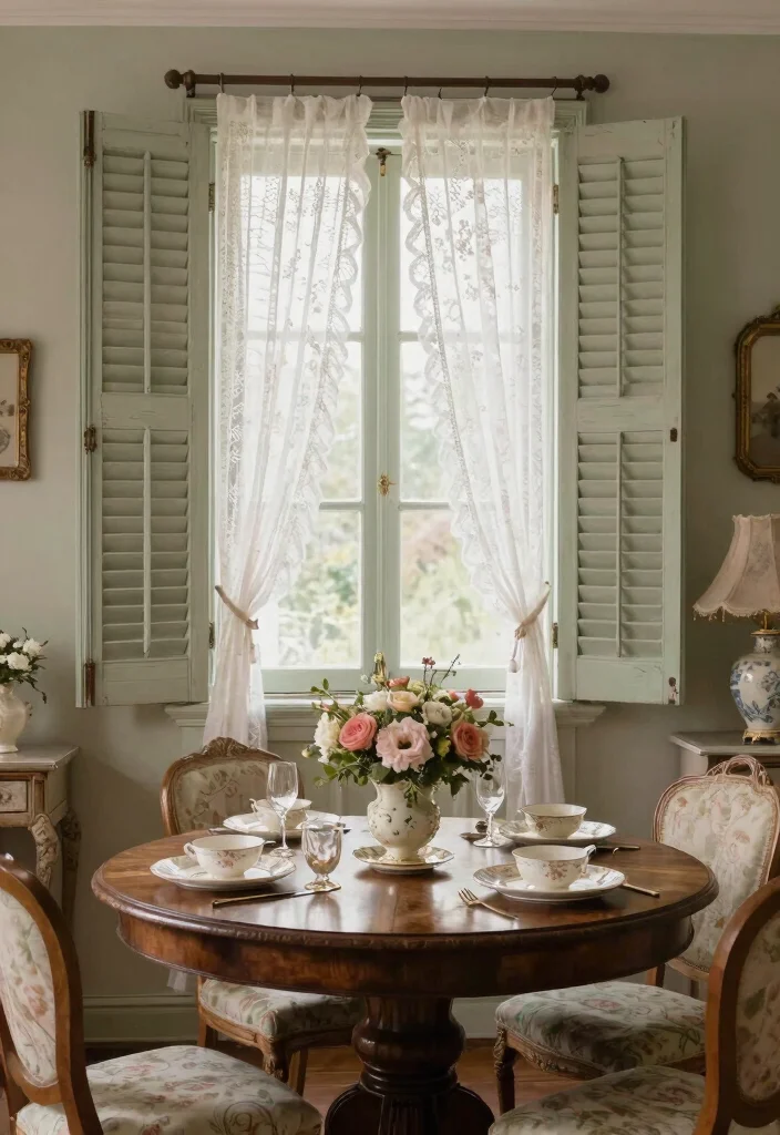 15 Shutters and Curtains Together Ideas That Work Perfectly 50 15 Shutters and Curtains Together Ideas That Work Perfectly - 10. Vintage Elegance: Antique Shutters with Lace Curtains 1