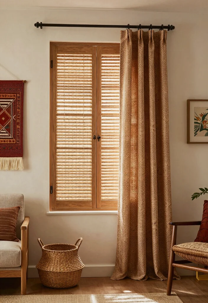 15 Shutters and Curtains Together Ideas That Work Perfectly 61 15 Shutters and Curtains Together Ideas That Work Perfectly - 11. Layered Textures: Woven Shutters with Patterned Curtains 1