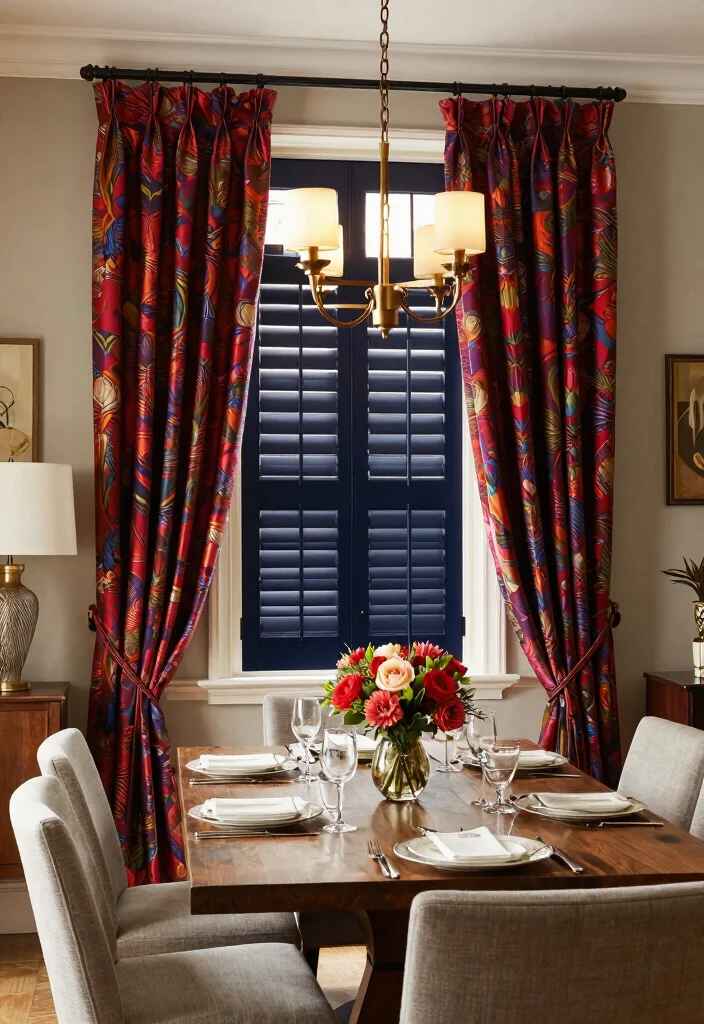 15 Shutters and Curtains Together Ideas That Work Perfectly 12 15 Shutters and Curtains Together Ideas That Work Perfectly - 2. Bold Colors: Dark Shutters with Vibrant Curtains 1