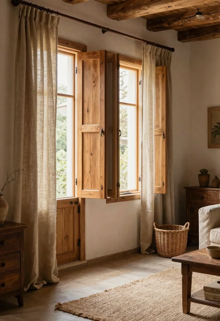 15 Shutters and Curtains Together Ideas That Work Perfectly 23 15 Shutters and Curtains Together Ideas That Work Perfectly - 3. Rustic Charm: Natural Wood Shutters with Earthy Tones 1