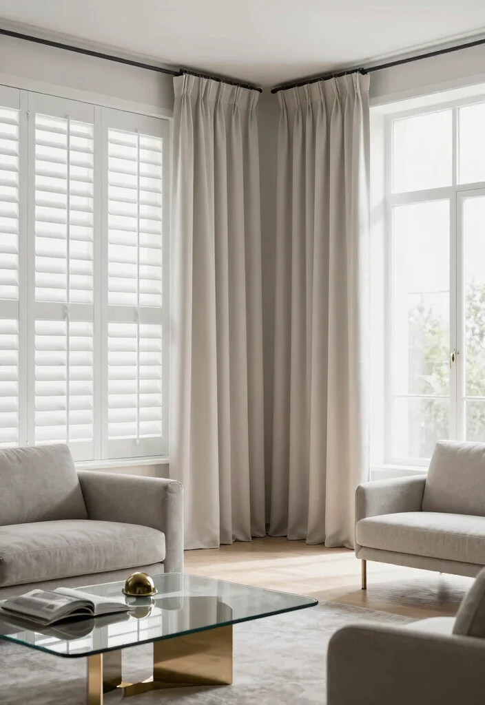 15 Shutters and Curtains Together Ideas That Work Perfectly 34 15 Shutters and Curtains Together Ideas That Work Perfectly - 4. Urban Elegance: Sleek Shutters with Tailored Curtains 1