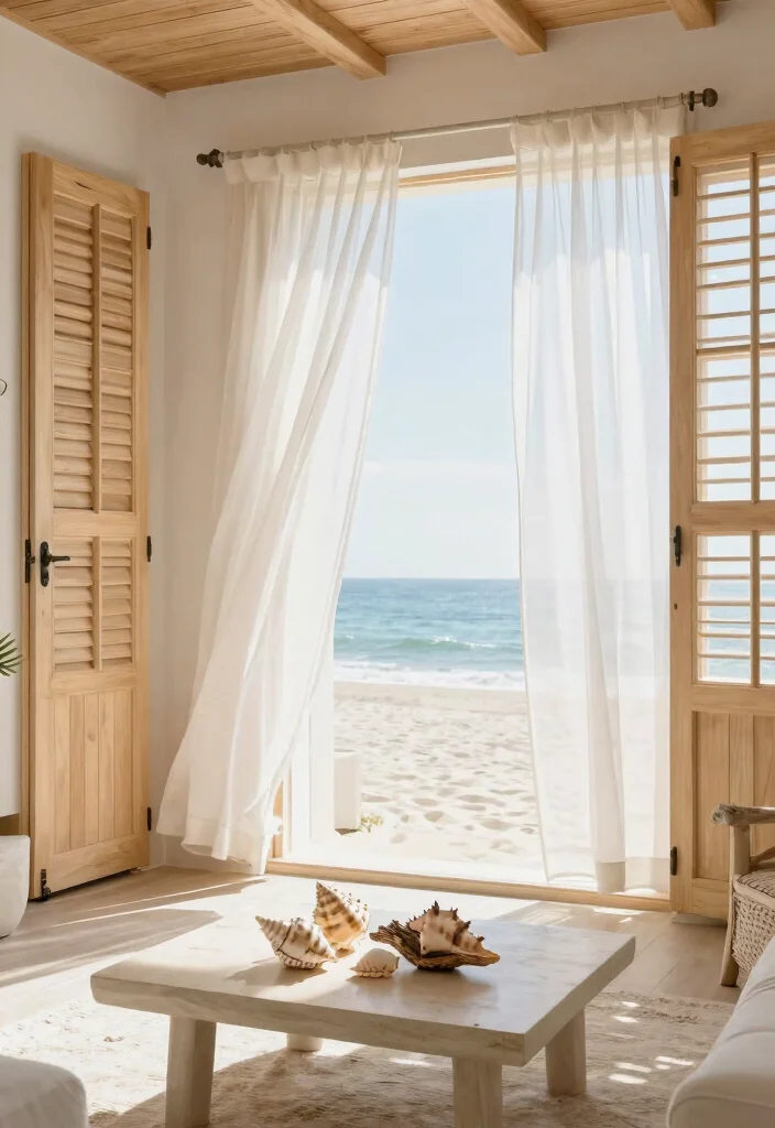 15 Shutters and Curtains Together Ideas That Work Perfectly 46 15 Shutters and Curtains Together Ideas That Work Perfectly - 6. Beachy Vibes: Light Shutters with Flowing Curtains 1
