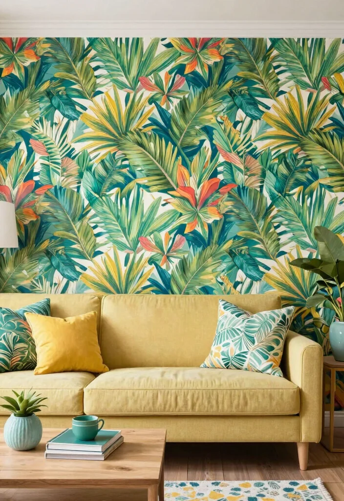 15 TV Wall Wallpaper Ideas That Elevate Instantly 52 15 TV Wall Wallpaper Ideas That Elevate Instantly - 12. Tropical Vibes for a Lively Atmosphere 1
