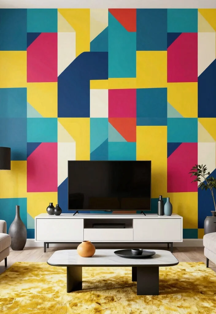 15 TV Wall Wallpaper Ideas That Elevate Instantly 2 15 TV Wall Wallpaper Ideas That Elevate Instantly - 2. Bold Geometric Shapes 1