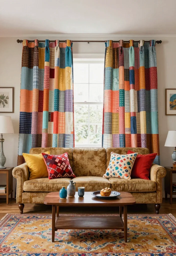 15 Vintage Curtains Living Room Ideas With Timeless Charm - 11. Patchwork Curtains for Eclectic Charm 1