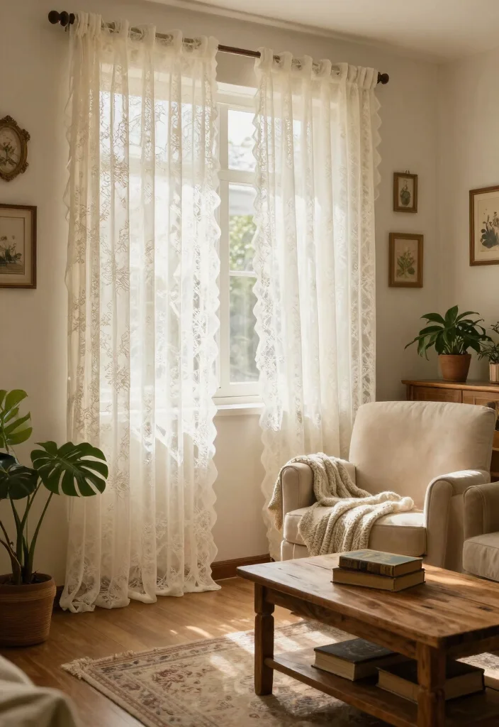 15 Vintage Curtains Living Room Ideas With Timeless Charm - 3. Vintage Lace Layers 1