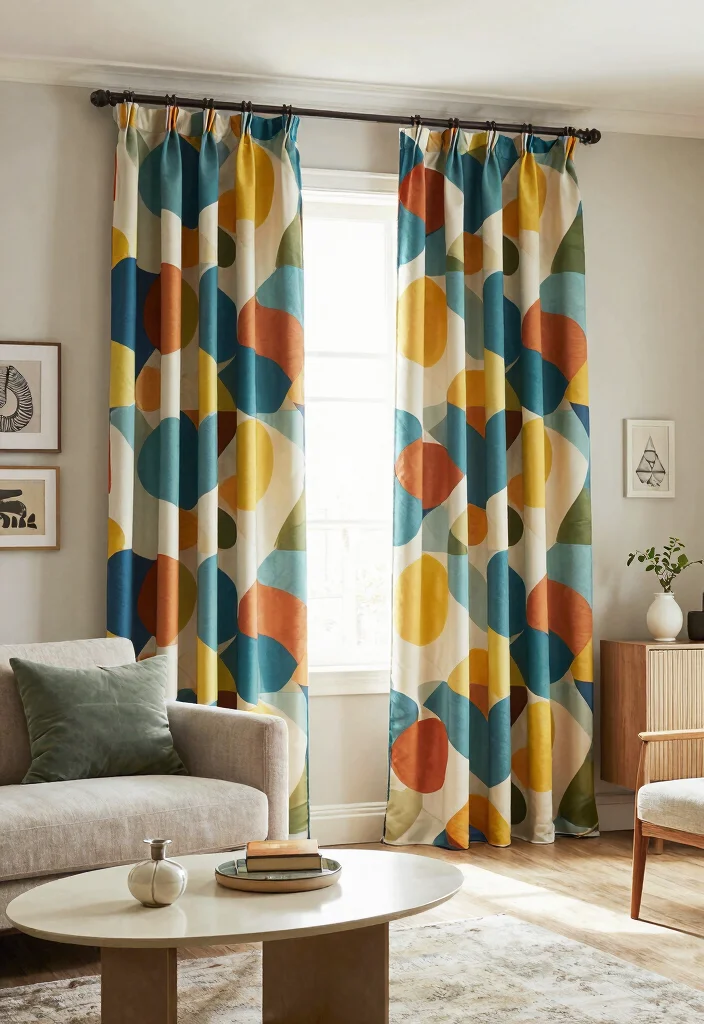 15 Vintage Curtains Living Room Ideas With Timeless Charm - 5. Retro Geometric Prints 1