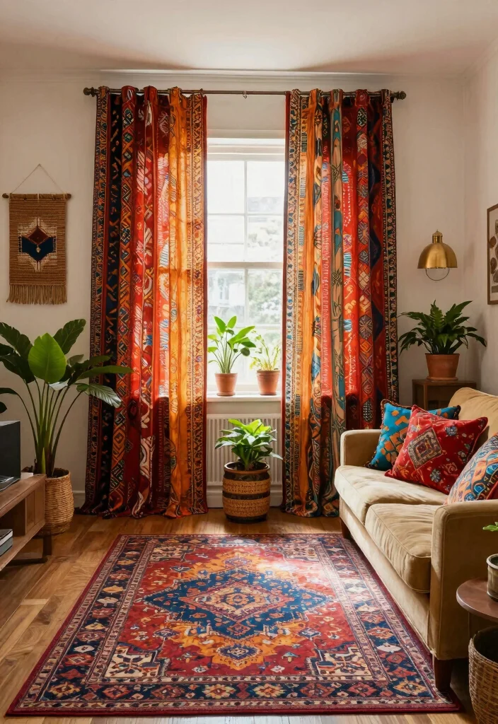 15 Vintage Curtains Living Room Ideas With Timeless Charm - 7. Bohemian Textiles 1