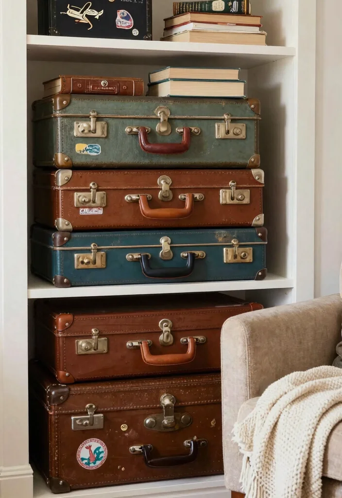 16 Bookshelf Storage Ideas That Maximize Every Inch 38 16 Bookshelf Storage Ideas That Maximize Every Inch - 8. Vintage Suitcases as Decorative Storage 1