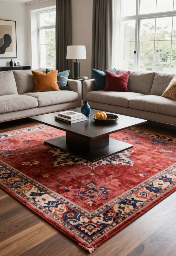 16 Double Rug Living Room Ideas That Layer Beautifully 1 16 Double Rug Living Room Ideas That Layer Beautifully - 1. Bold Patterns on Solids 1