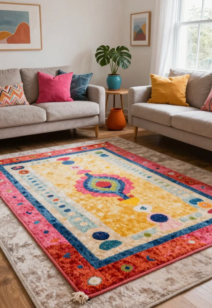 16 Double Rug Living Room Ideas That Layer Beautifully 32 16 Double Rug Living Room Ideas That Layer Beautifully - 12. Funky Color Combinations 1