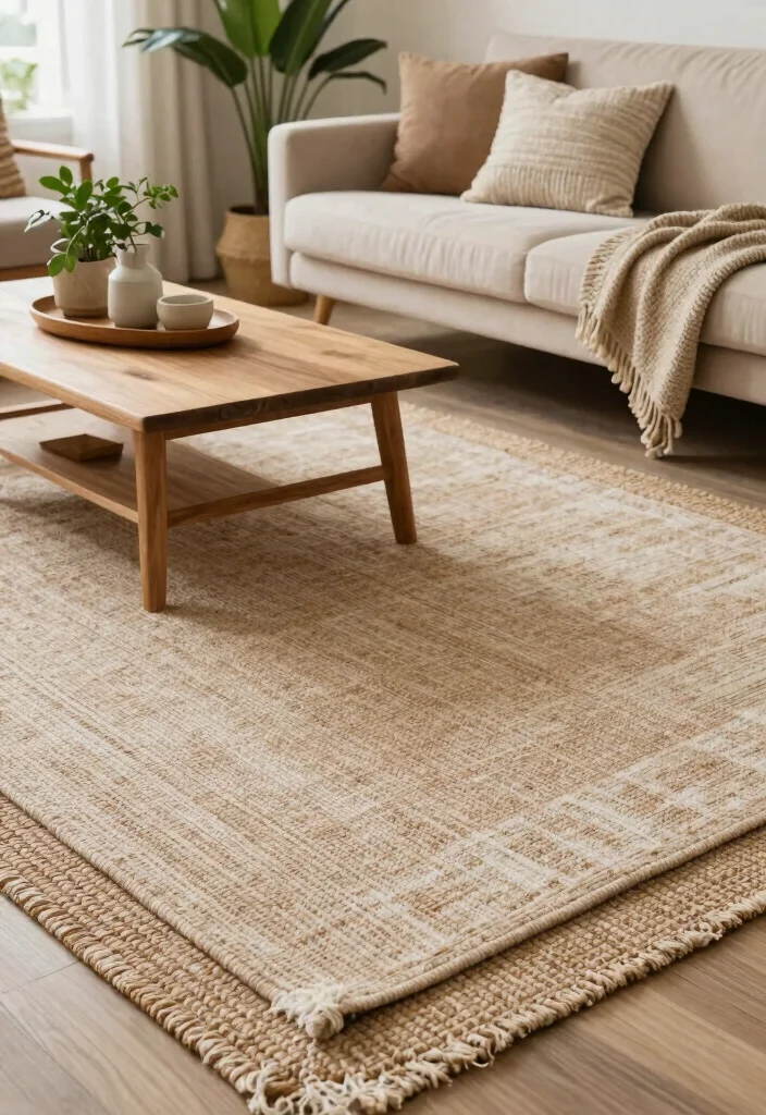 16 Double Rug Living Room Ideas That Layer Beautifully 24 16 Double Rug Living Room Ideas That Layer Beautifully - 4. Nature-Inspired Textiles 1